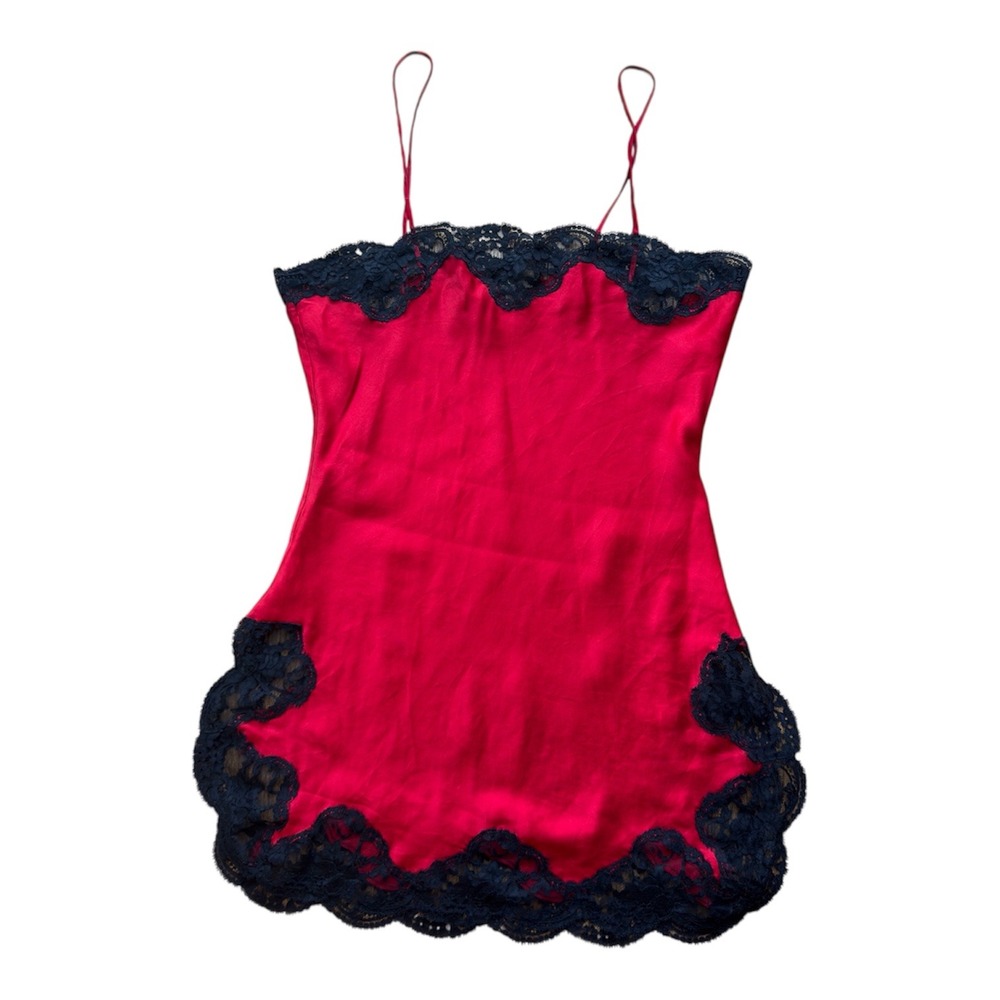 Vintage Victorias Secret Gold Label Red 100% Silk Lace Trim Chemise Slip Dress M